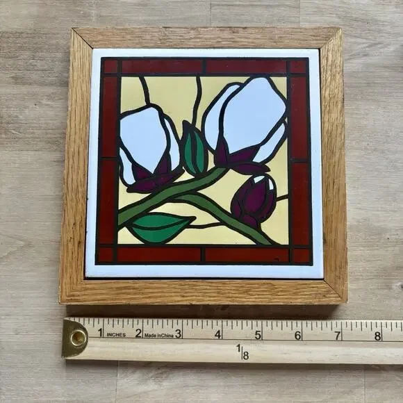 Oakwood Accents MCM Ceramic Tile Wall Art Faux Roses Oak Framed Vintage - Picture 3 of 8